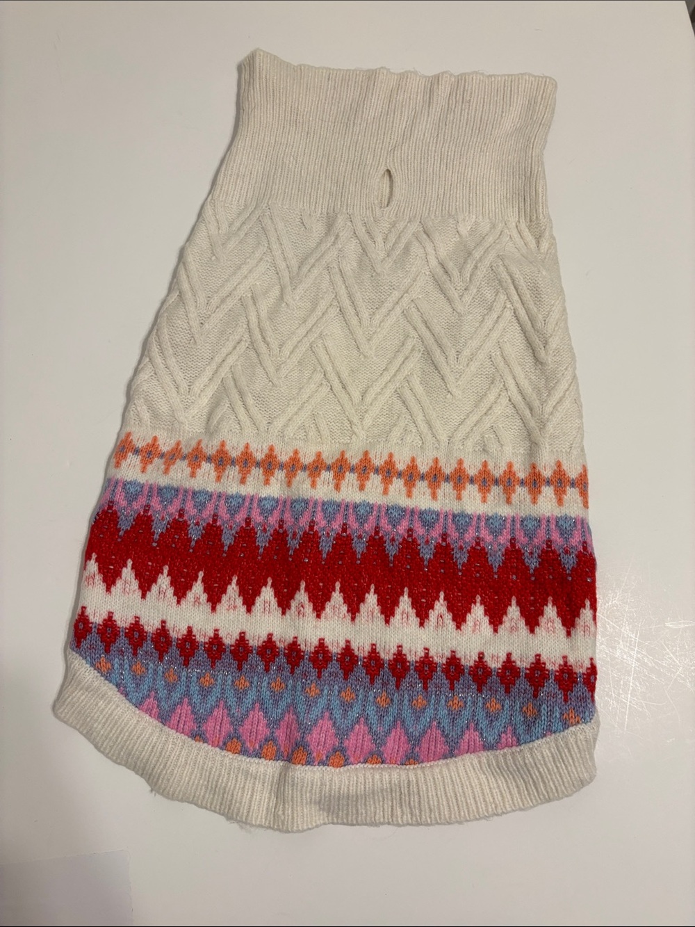 Cream Cable Knit Dog Sweater with Red & Multicolor Fair Isle Pattern - L
